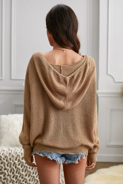 Zipper V-Neck Dropped Sleeve Hooded Solid Sweater
